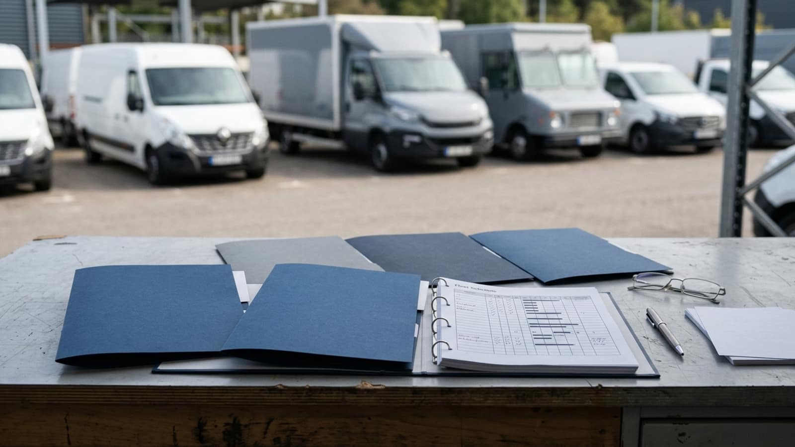Unbranded commercial fleet vehicles and planning materials illustrating Fleet Financing Options
