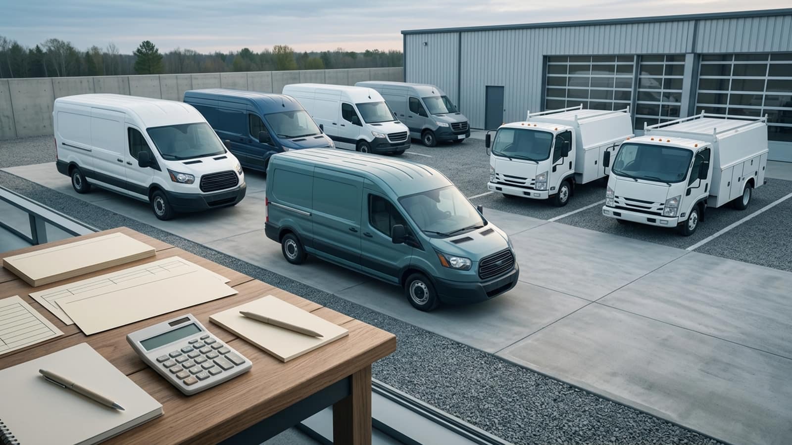 Unbranded commercial fleet vehicles and planning materials illustrating Commercial Fleet Financing