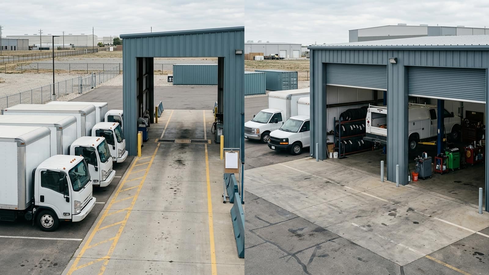 Unbranded commercial fleet vehicles and planning materials illustrating Fleet Lease Versus Buy