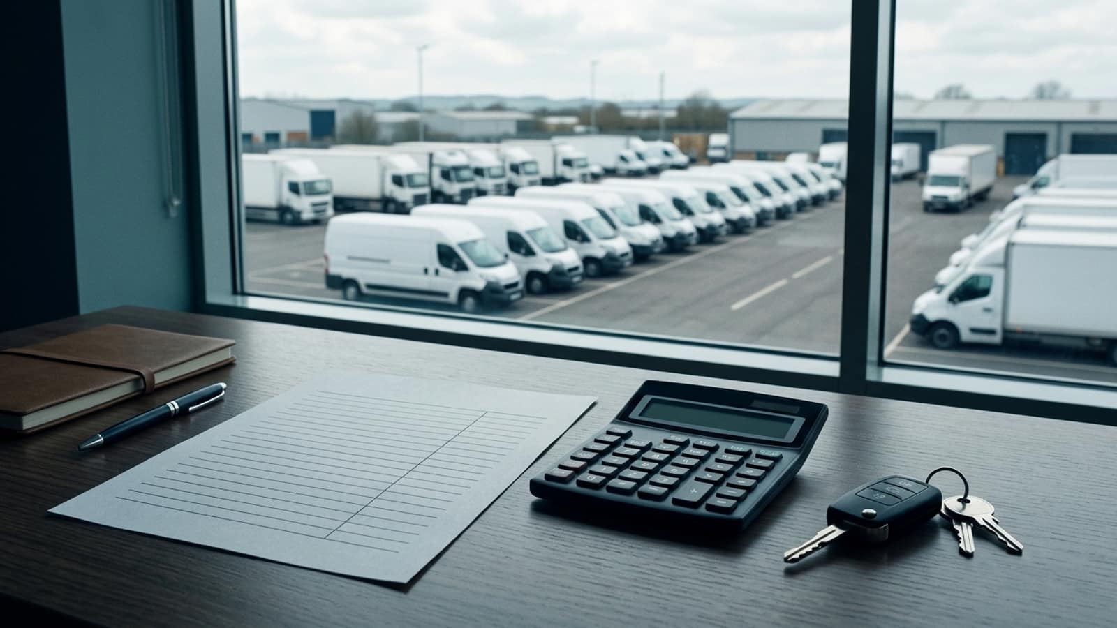 Unbranded commercial fleet vehicles and planning materials illustrating Fleet Financing Pricing