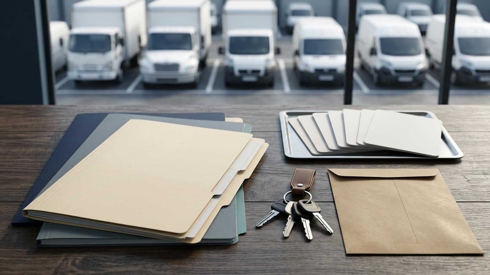 Unbranded commercial fleet vehicles and planning materials illustrating Fleet Financing Document Checklist