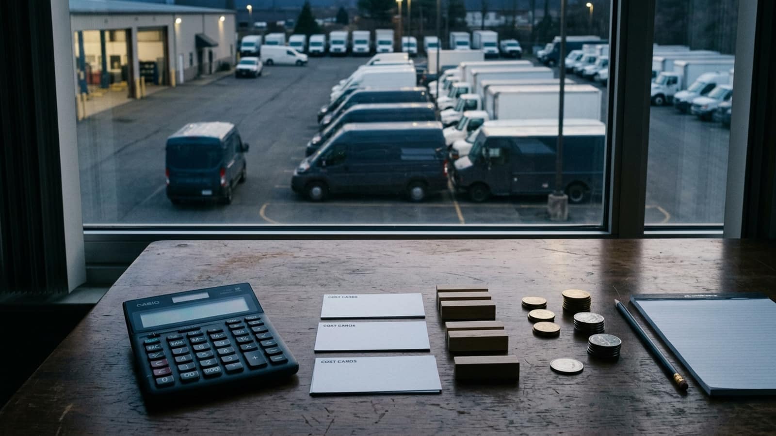 Unbranded commercial fleet vehicles and planning materials illustrating Fleet Affordability Model