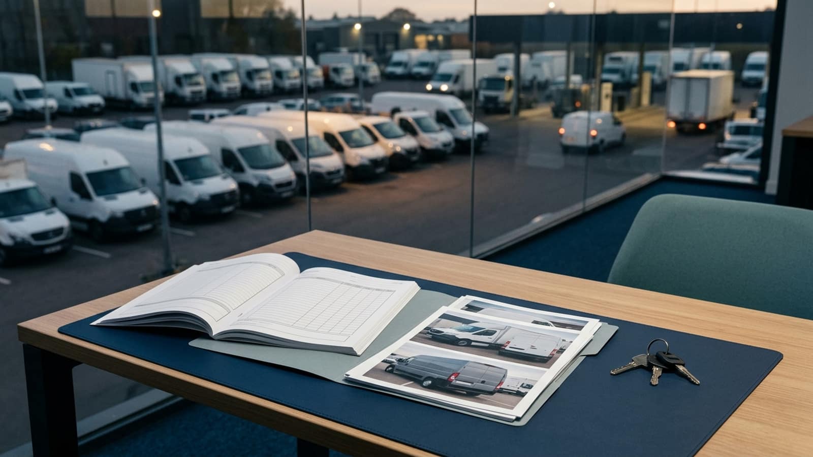 Unbranded commercial fleet vehicles and planning materials illustrating Fleet Review Factors