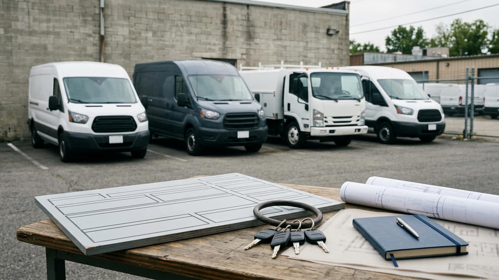 Unbranded commercial fleet vehicles and planning materials illustrating Fleet Vehicle Financing