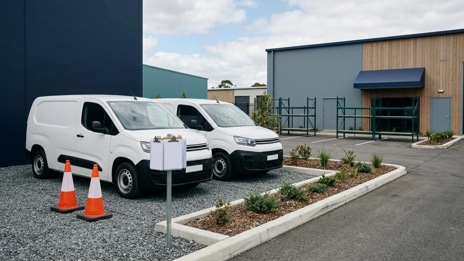 Unbranded commercial fleet vehicles and planning materials illustrating Startup Fleet Financing